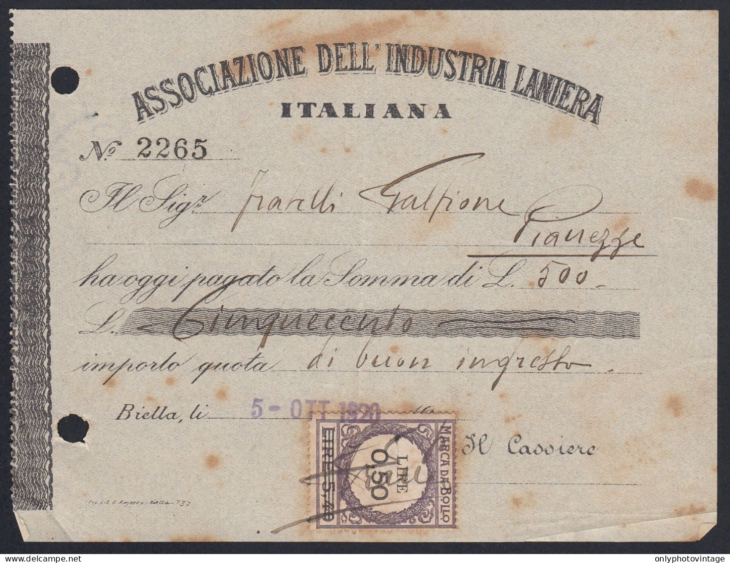 Biella 1920 - Associazione Dell'Industria Laniera Italiana - Marca Bollo - Italy