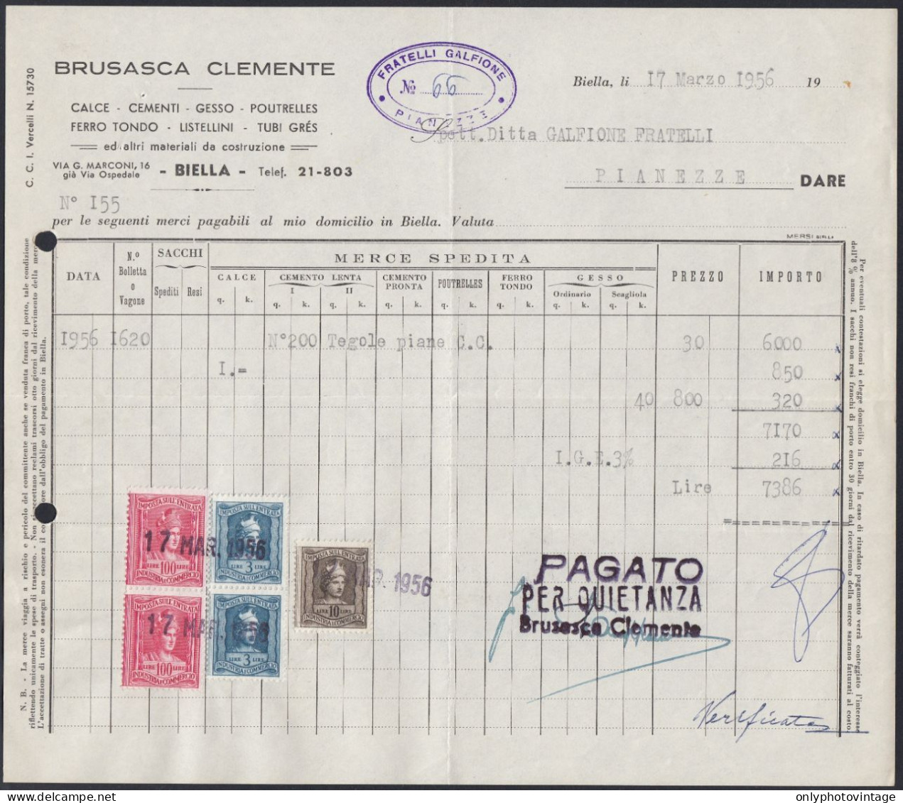 Biella 1956 - Brusasca Clemente - Materiale Da Costruzione - Fattura - Italia