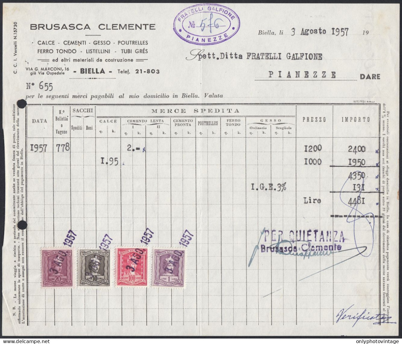 Biella 1957 - Brusasca Clemente - Materiale Da Costruzione - Fattura - Italy