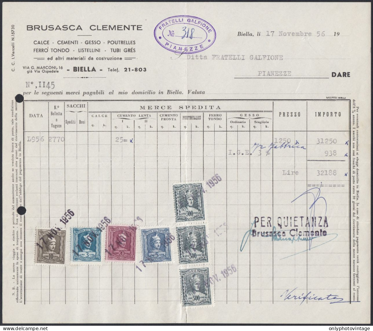 Biella 1956 - Brusasca Clemente - Materiale Da Costruzione - Fattura - Italy