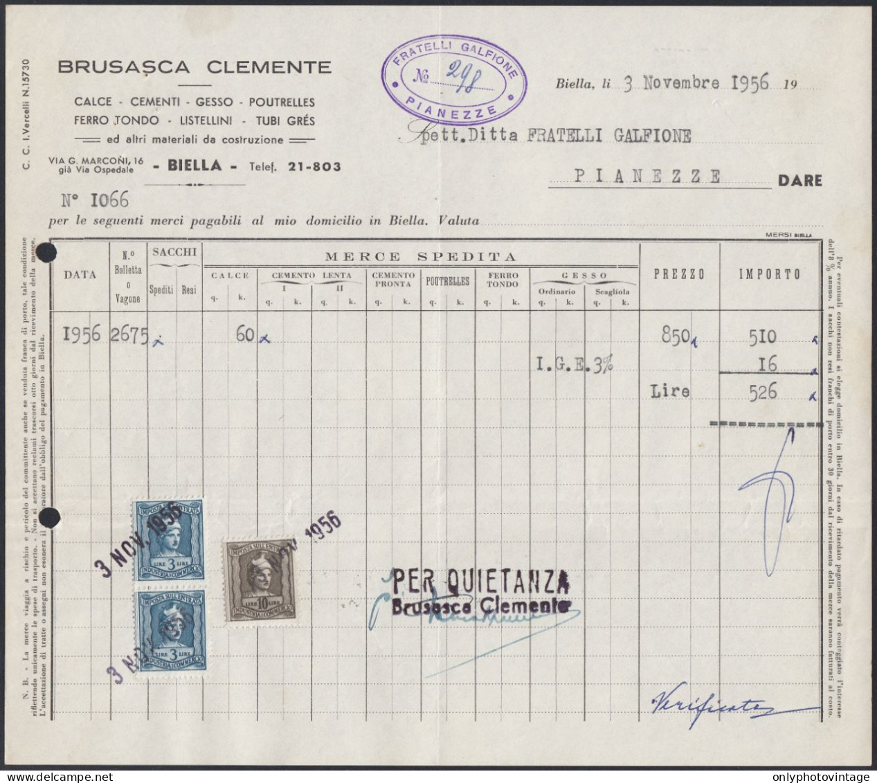 Biella 1956 - Brusasca Clemente - Materiale Da Costruzione - Fattura - Italy