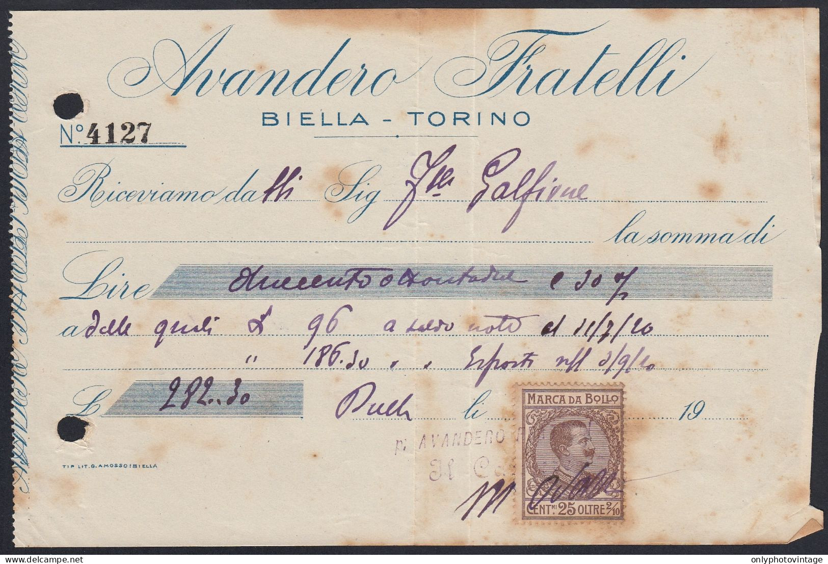 Biella 1920 - Avandero Fratelli - Marca Da Bollo - Ricevuta Pagamento - Italy