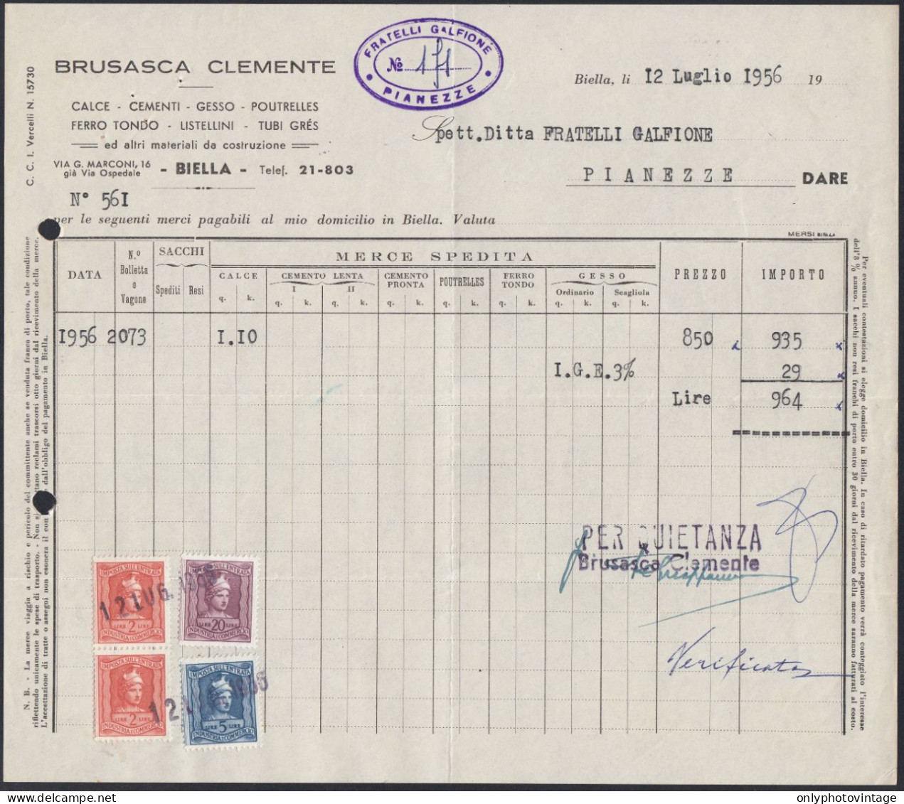 Biella 1956 - Brusasca Clemente - Materiale Da Costruzione - Fattura - Italia