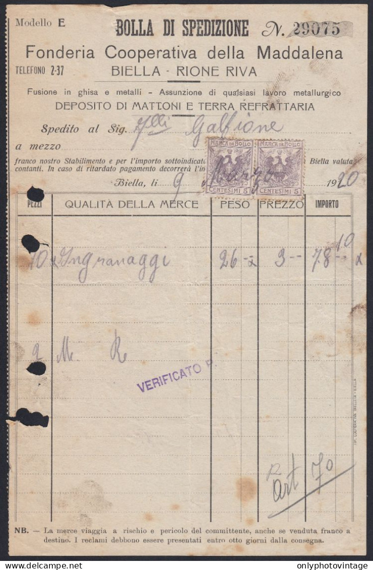 Biella 1920 - Fonderia Cooperativa Della Maddalena - Bolla Di Spedizione - Italie