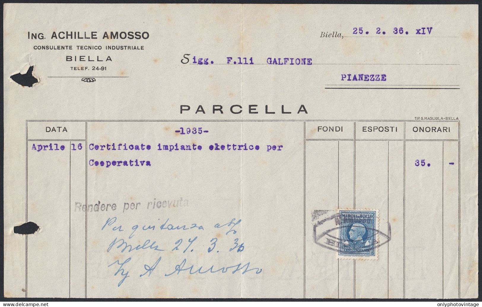 Biella 1936 - Ing. Achille Amosso - Consulente Tecnico Industriale - Italië