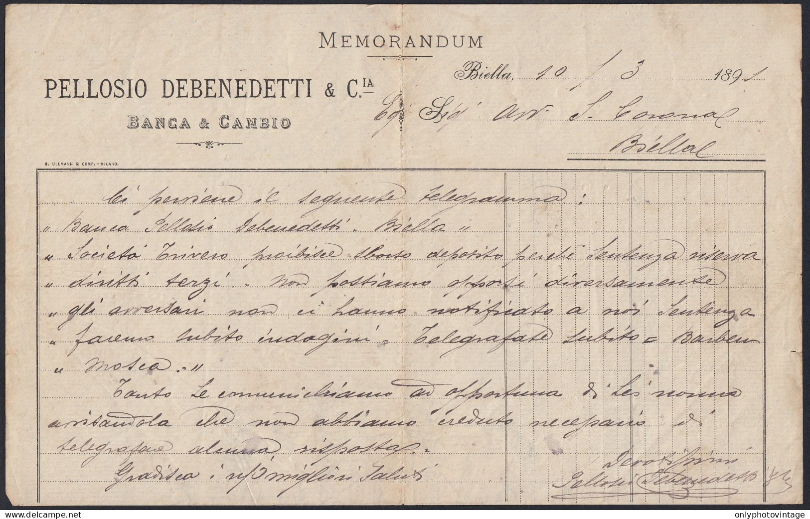 Biella 1891 - Pellosio Debenedetti - Banca & Cambio - Memorandum - Italia