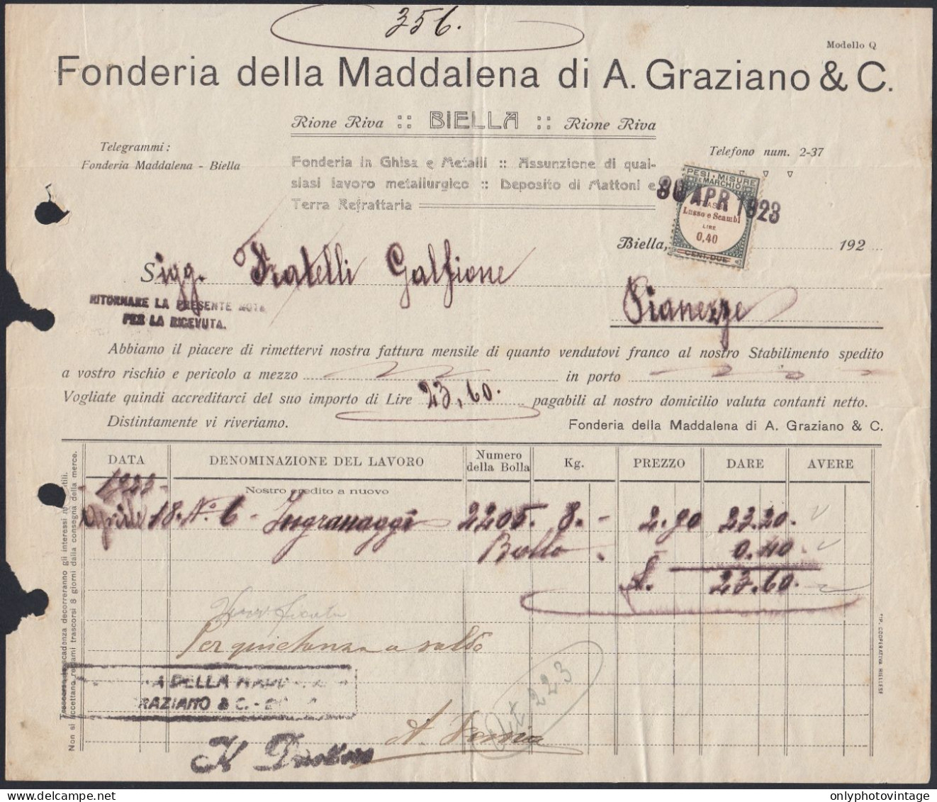 Biella 1923 - Fonderia Della Maddalena Di A. Graziano & C. - Fattura - Italia