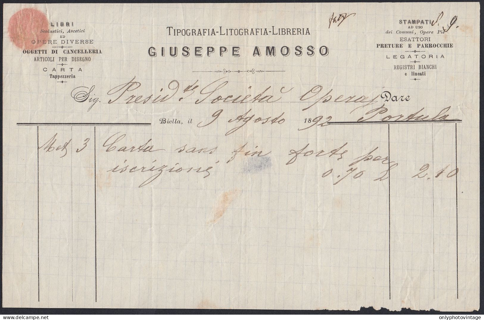 Biella 1892 - Giuseppe Amosso - Tipografia - Litografia - Libreria - Italië