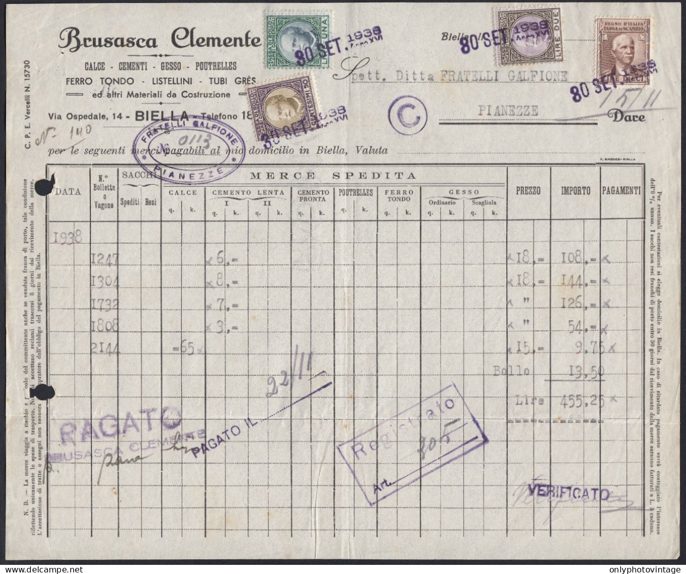 Biella 1938 - Brusasca Clemente - Calce, Cementi - Documento Commerciale - Italie