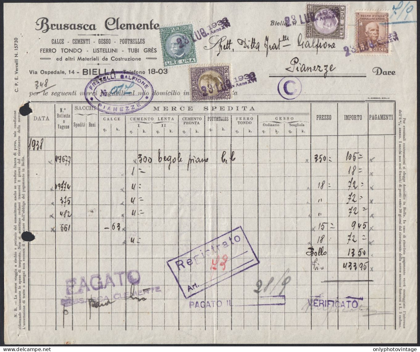 Biella 1938 - Brusasca Clemente - Calce, Cementi - Documento Commerciale - Italien