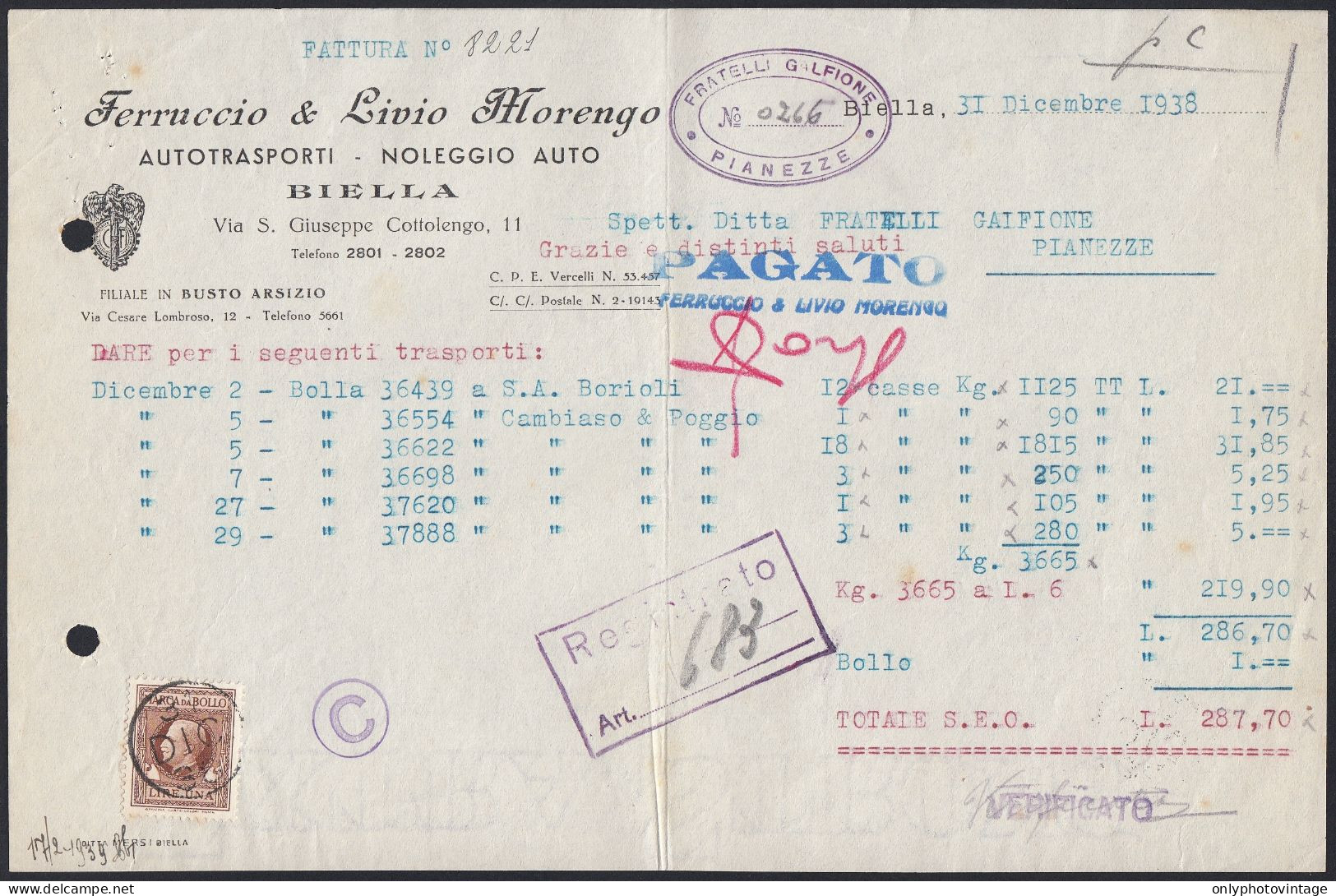 Biella 1938 - Ferruccio & Livio Morengo - Autotrasporti - Noleggio Auto - Italie