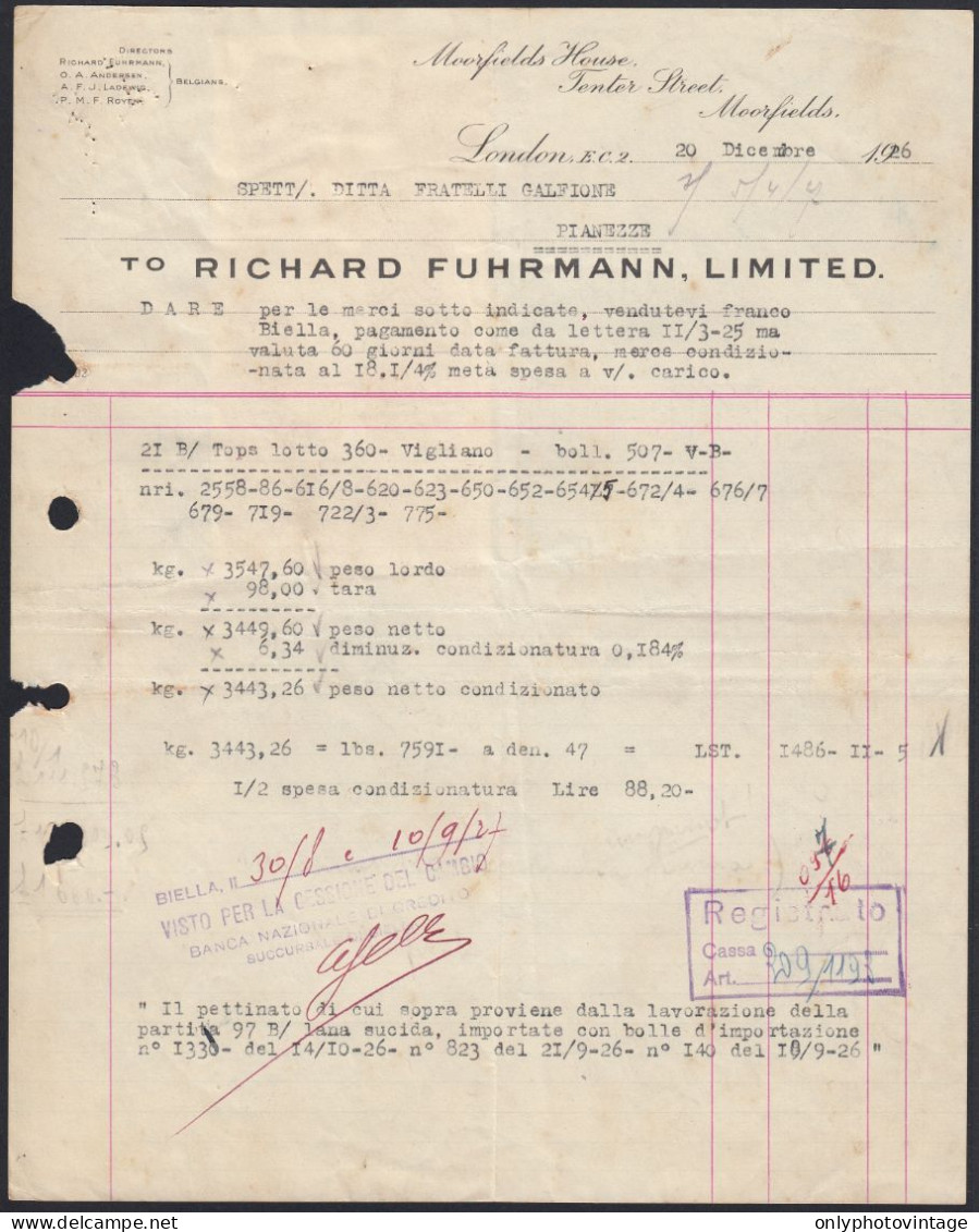 England 1926 - London - Richard Fuhrmann Limited - Fattura D'epoca - Verenigd-Koninkrijk