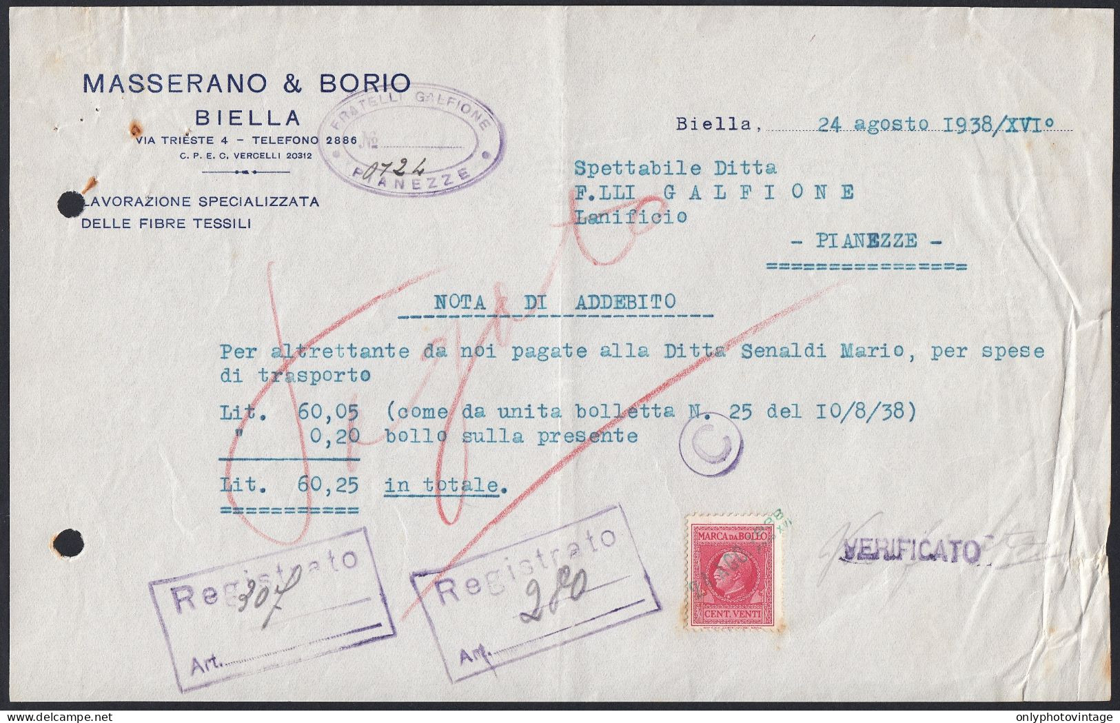 Biella 1938 - Masserano & Borio - Lavorazione Specializzata Fibre Tessili - Italy