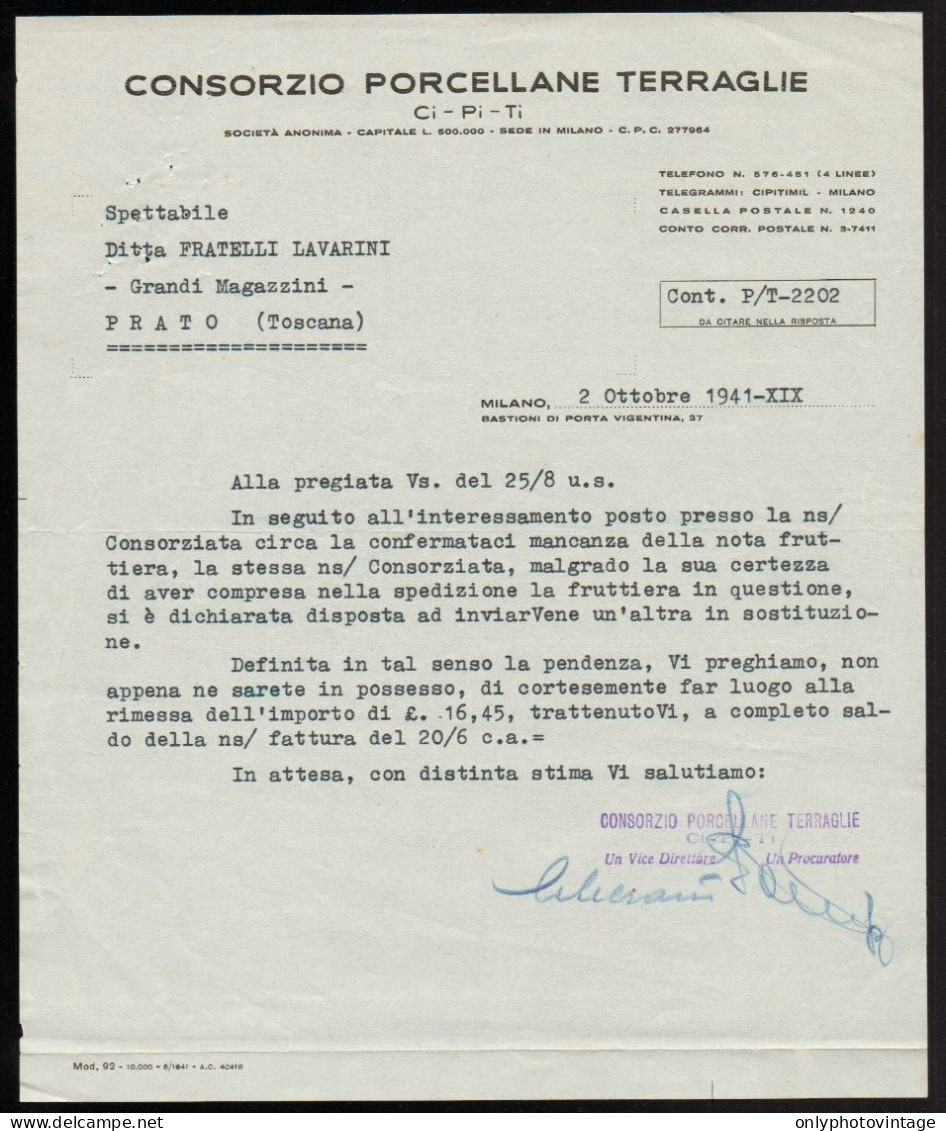 Milano 1941 - Consorzio Porcellane Terraglie - Documento Commerciale - Italia