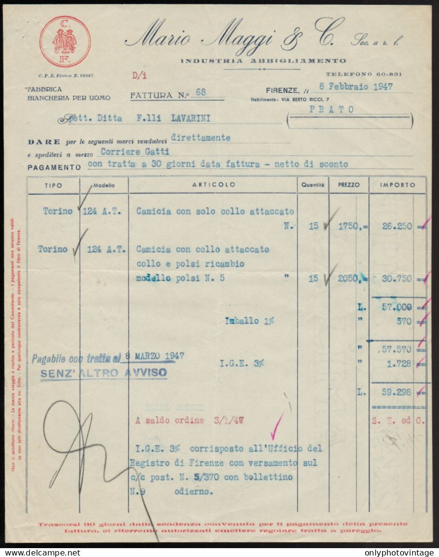 Firenze 1947 - Mario Maggi & C. - Industria Abbigliamento - Fattura - Italië