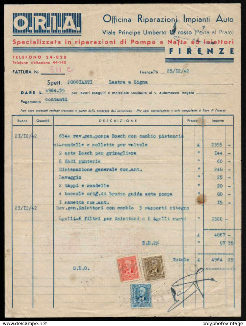 O.R.I.A. Riparazioni Pompe A Nafta - Firenze - Fattura D'epoca - Italië