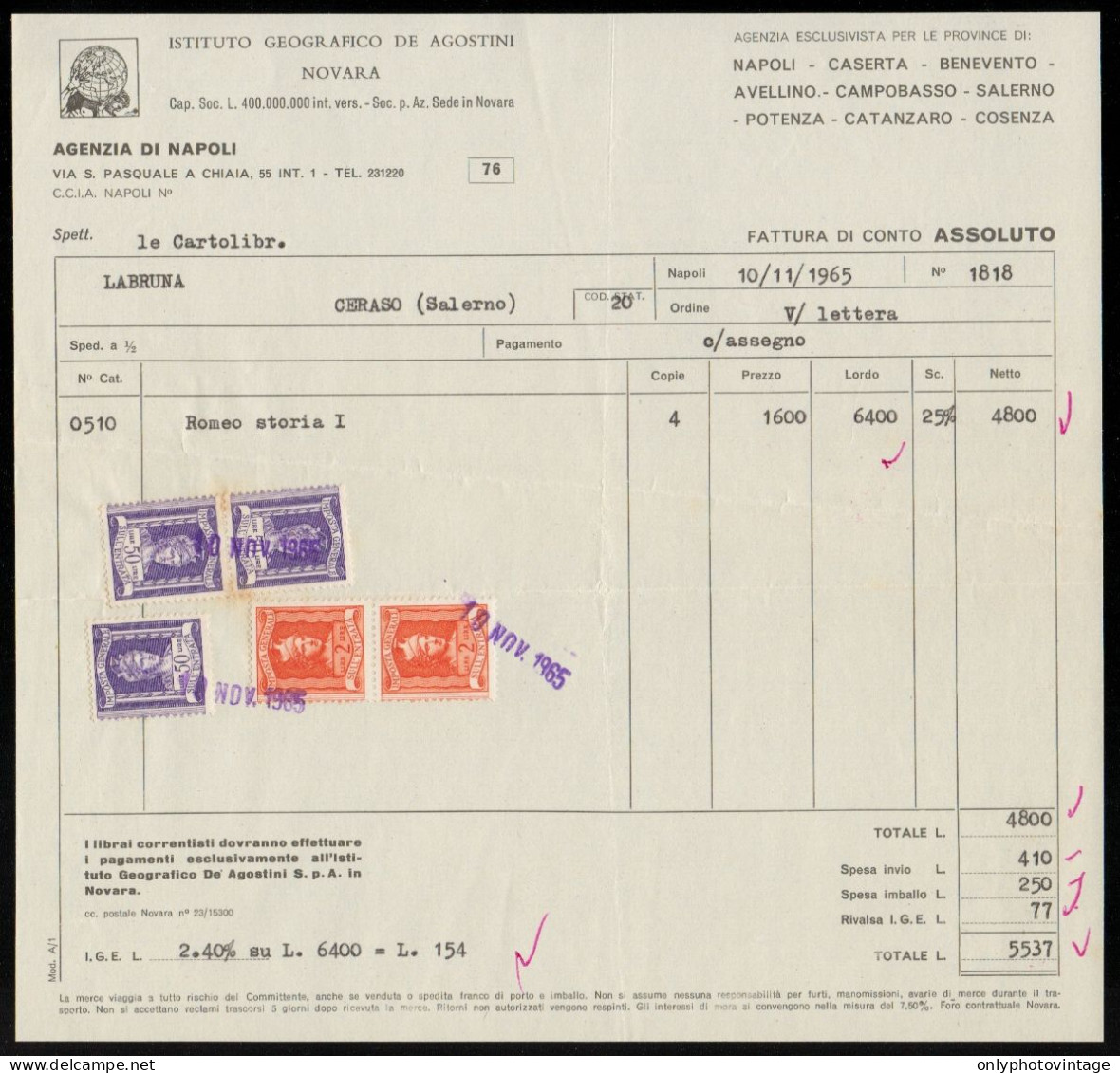 Istituto Geografico De Agostini Novara - Napoli - Fattura D'epoca - Italië