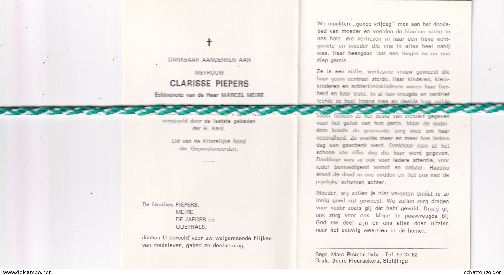 Clarisse Piepers-Meire, Evergem 1912, 1993. Foto - Avvisi Di Necrologio