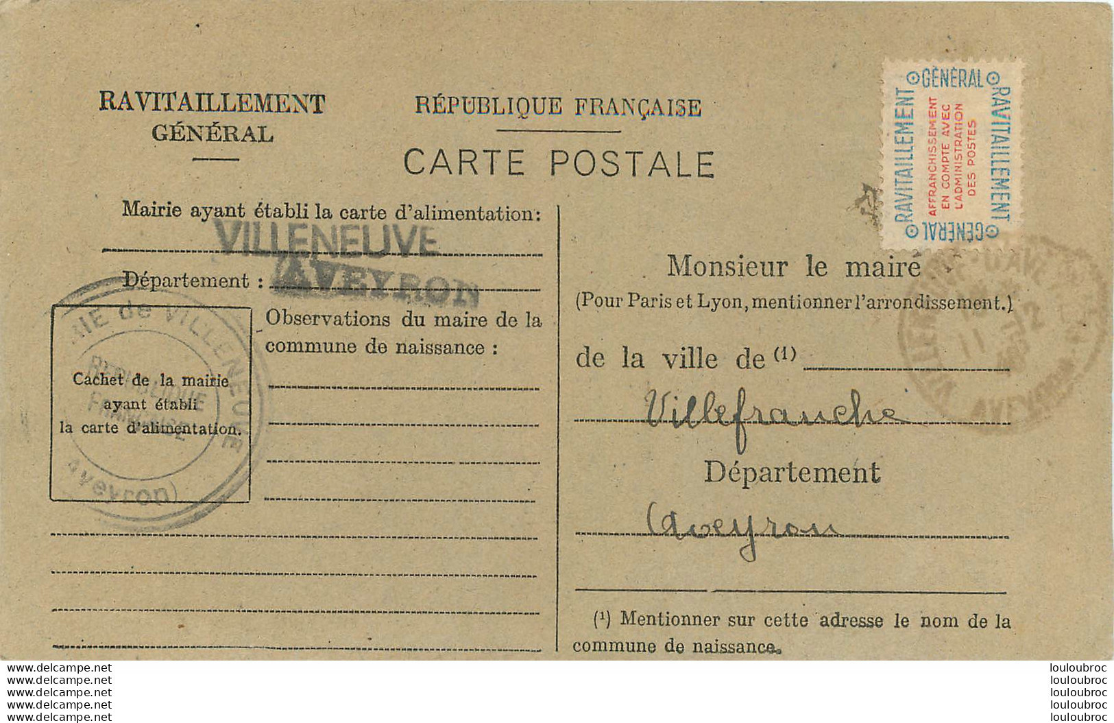 VILLENEUVE CARTE RAVITAILLEMENT GENERAL 1946 MME FAGE JEANNE REF 1 - Otros & Sin Clasificación