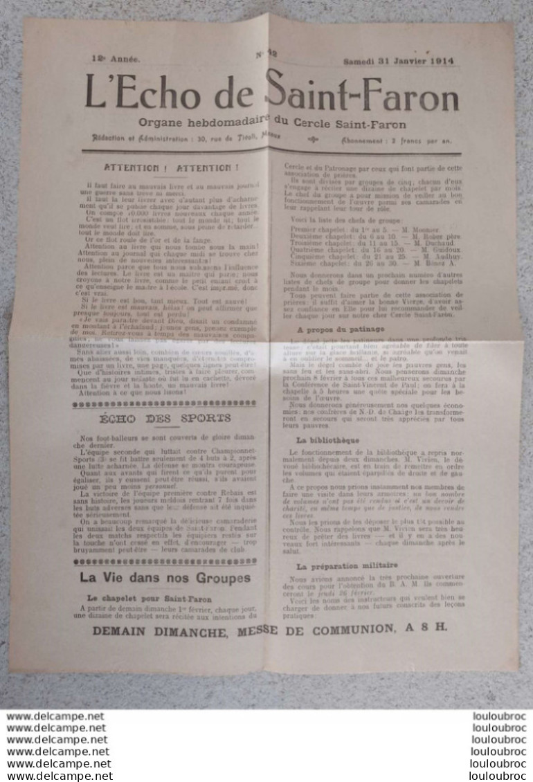 RARE L'ECHO DE SAINT FARON A MEAUX ORGANE HEBDOMADAIRE  01/1914 AVEC BAGUE D'ENVOI 1 FEUILLET - Historische Documenten