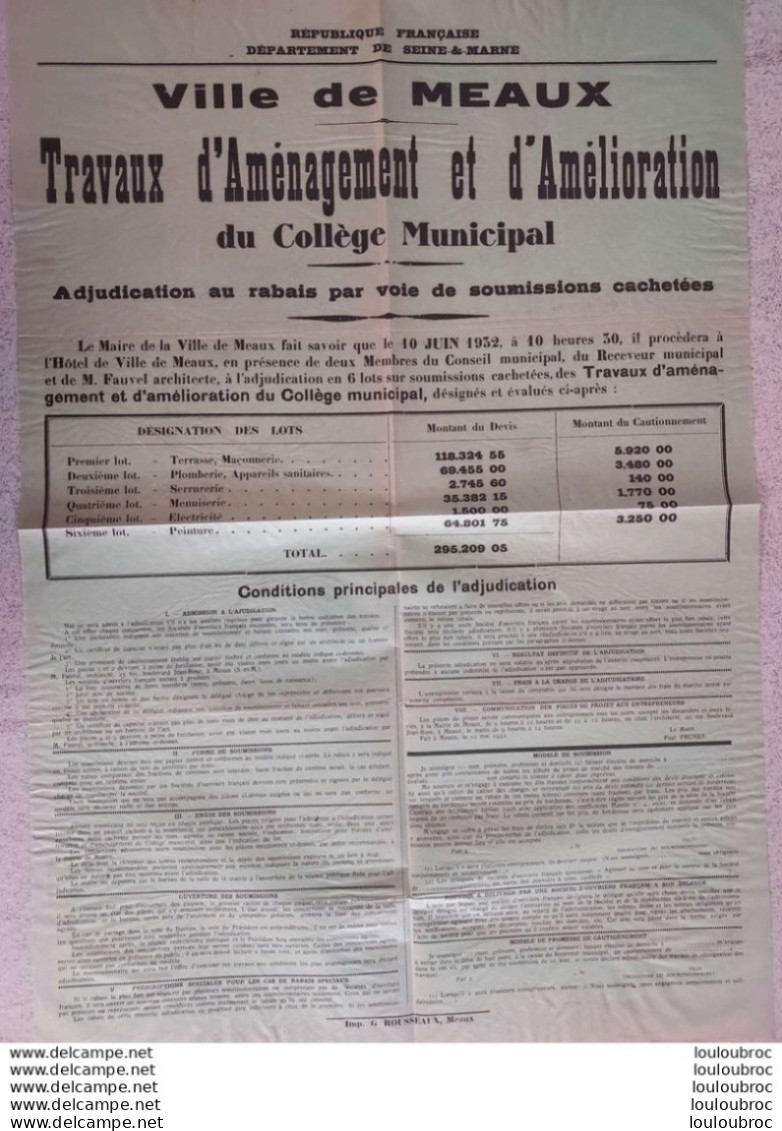 MEAUX AFFICHE TRAVAUX D'AMENAGEMENT ET AMELIORATION DU COLLEGE MUNICIPAL 58 X 40 CM - Historische Documenten