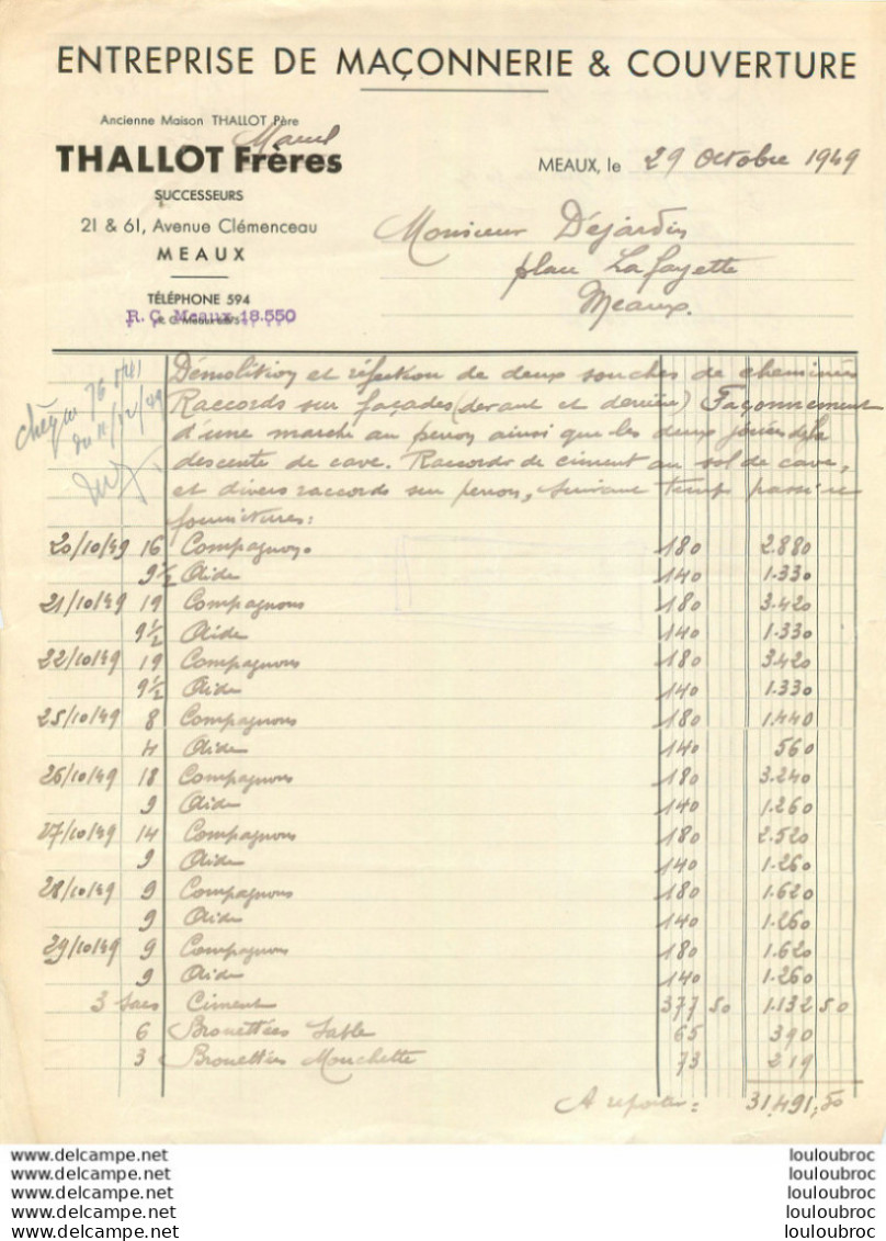 MEAUX FACTURE ENTREPRISE DE MACONNERIE THALLOT  AVENUE CLEMENCEAU - 1900 – 1949