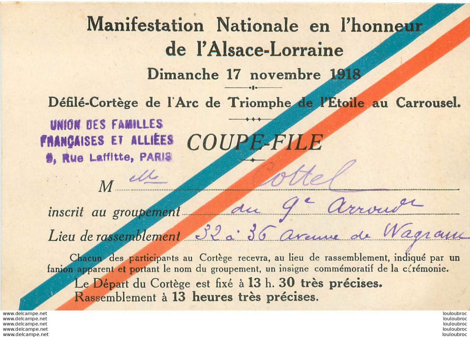 MANIFESTATION NATIONALE EN L'HONNEUR DE L'ALSACE LORRAINE 17/11/1918 COUPE FILE - Weltkrieg 1914-18