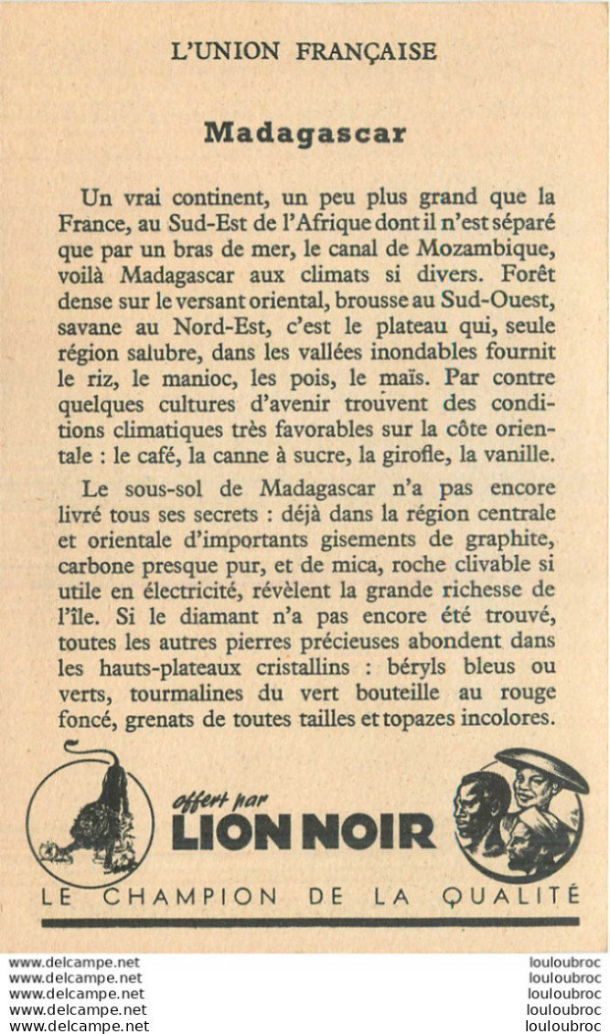 MADAGASCAR UNION FRANCAISE  PUBLICITE PRODUITS LION NOIR - Madagaskar