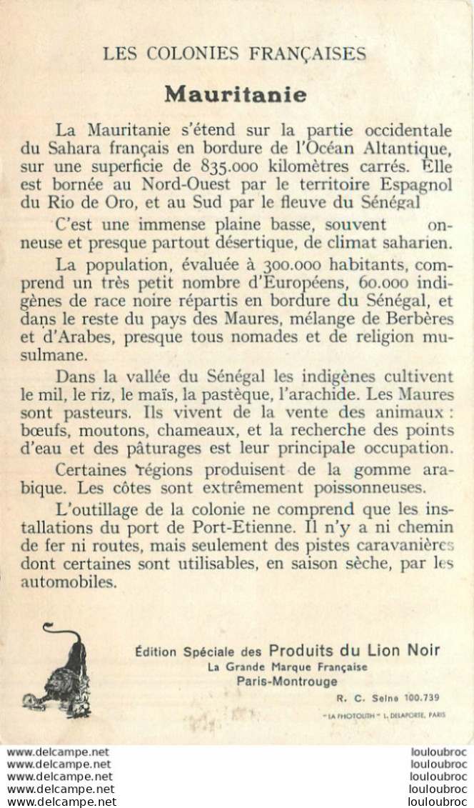 LA MAURITANIE COLONIES FRANCAISES PUBLICITE DES PRODUITS DU LION NOIR - Mauritanië
