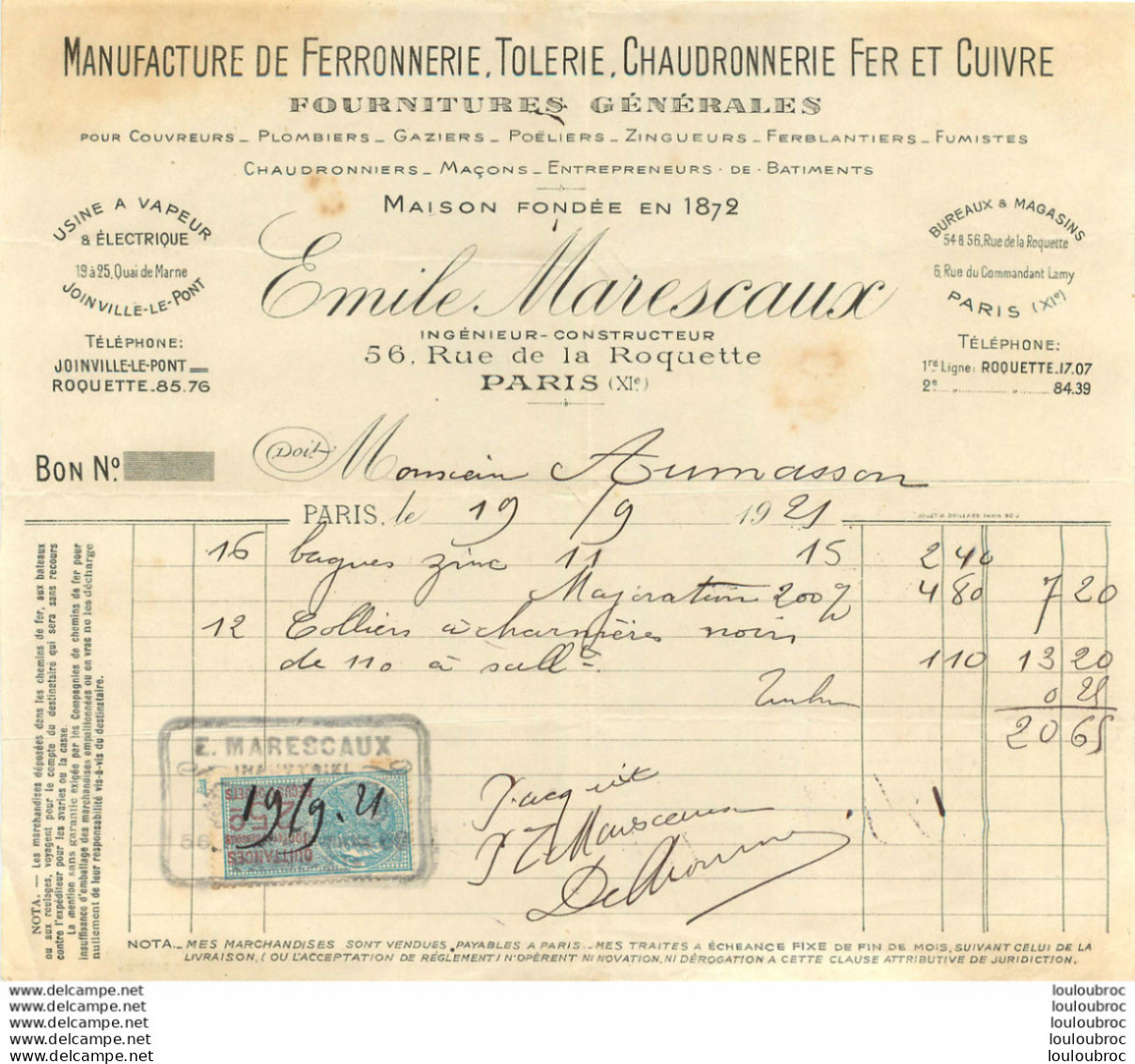 FACTURE EMILE MARESCAUX MANUFACTURE DE FERRONNERIE 56 RUE DE LA ROQUETTE PARIS 1921 - 1900 – 1949