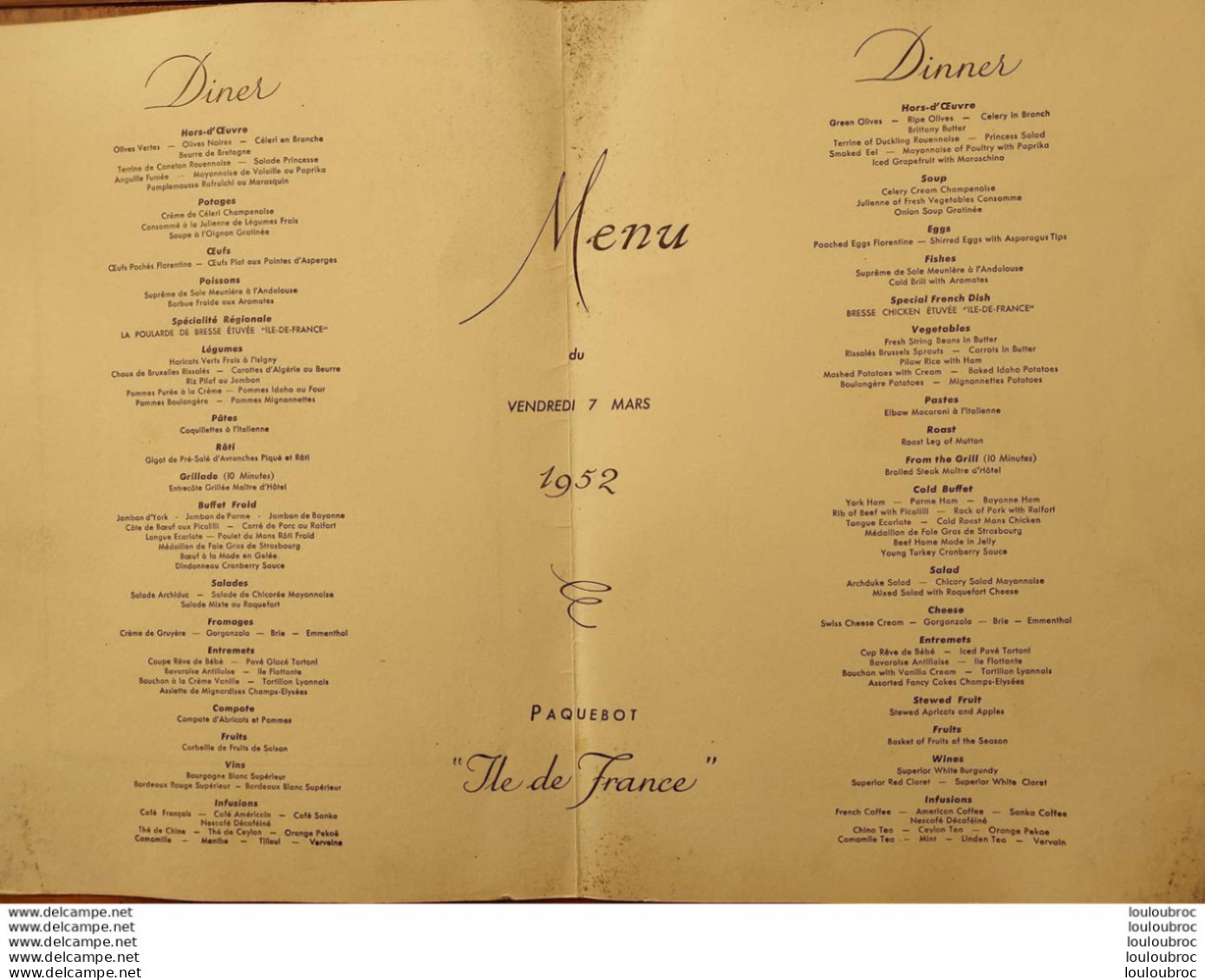 GRAND MENU PAQUEBOT ILE DE FRANCE 1952 CIE GENERALE TRANSATLANTIQUE FRENCH LINE FORMAT FERME 34X24CM - Menus