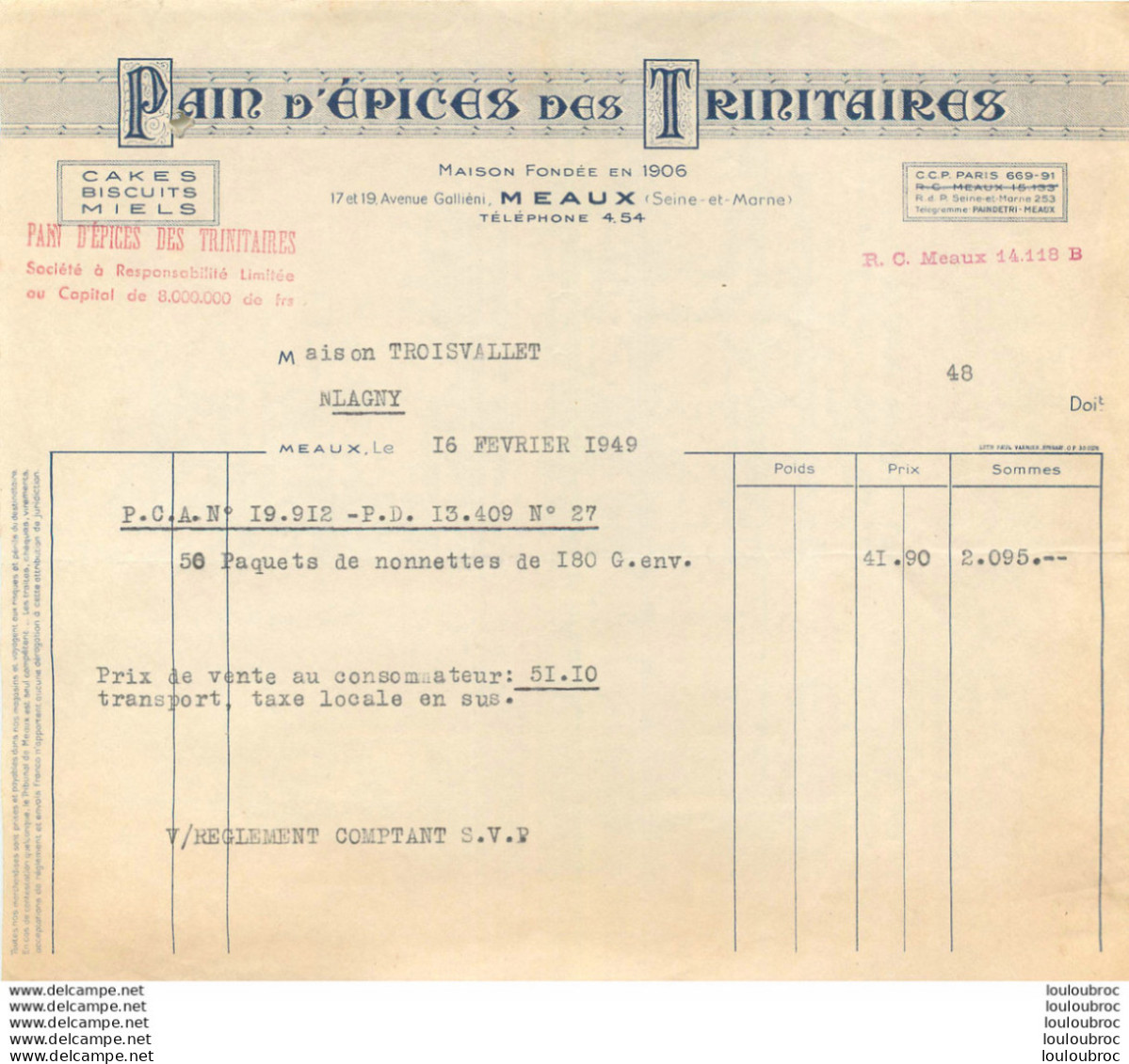 FACTURE MEAUX PAIN D'EPICES DES TRINITAIRES 1949 - 1900 – 1949