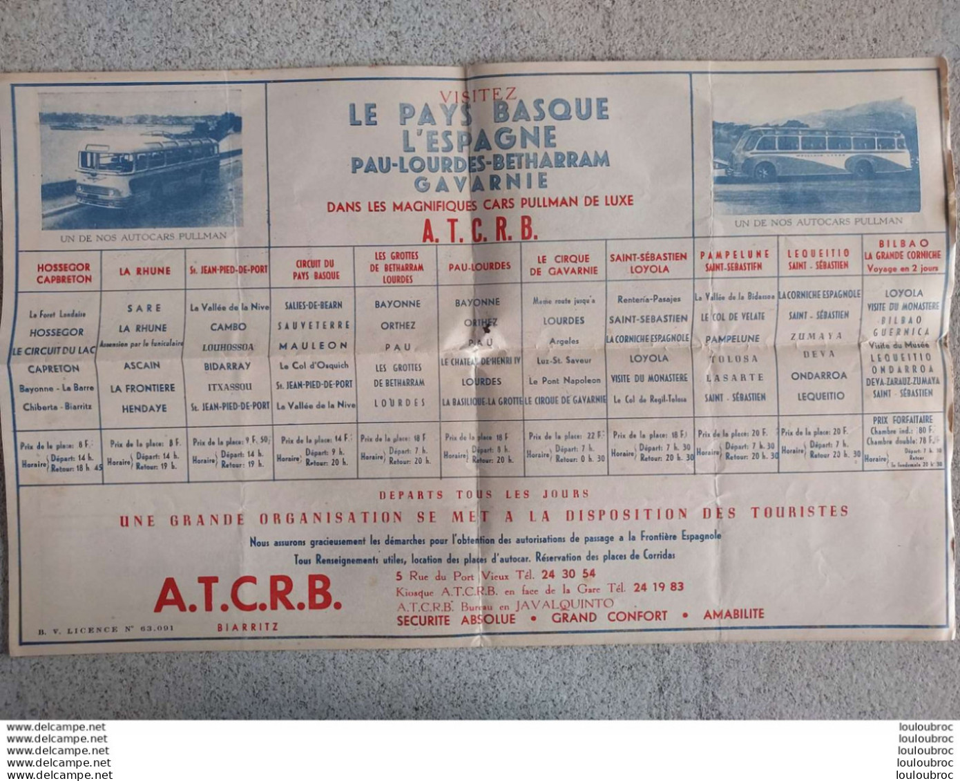 DEPLIANT TOURISTIQUE ESPAGNE ET PAYS BASQUE AVEC LES CARS PULLMAN DE LUXE A.T.C.R.B. 41 X 25 CM - Dépliants Touristiques