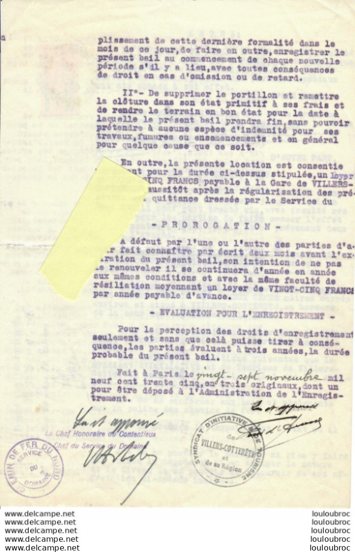 DOCUMENTS COMPAGNIE DU CHEMIN DE FER DU NORD 1936 AVEC LA COMMUNE DE VILLERS COTTERETS 2 DOCUMENTS - Eisenbahnverkehr