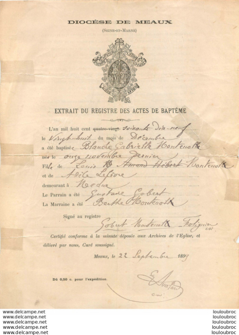 DIOCESE DE MEAUX  REGISTRE ACTES DE BAPTEME 1899 - Historische Documenten