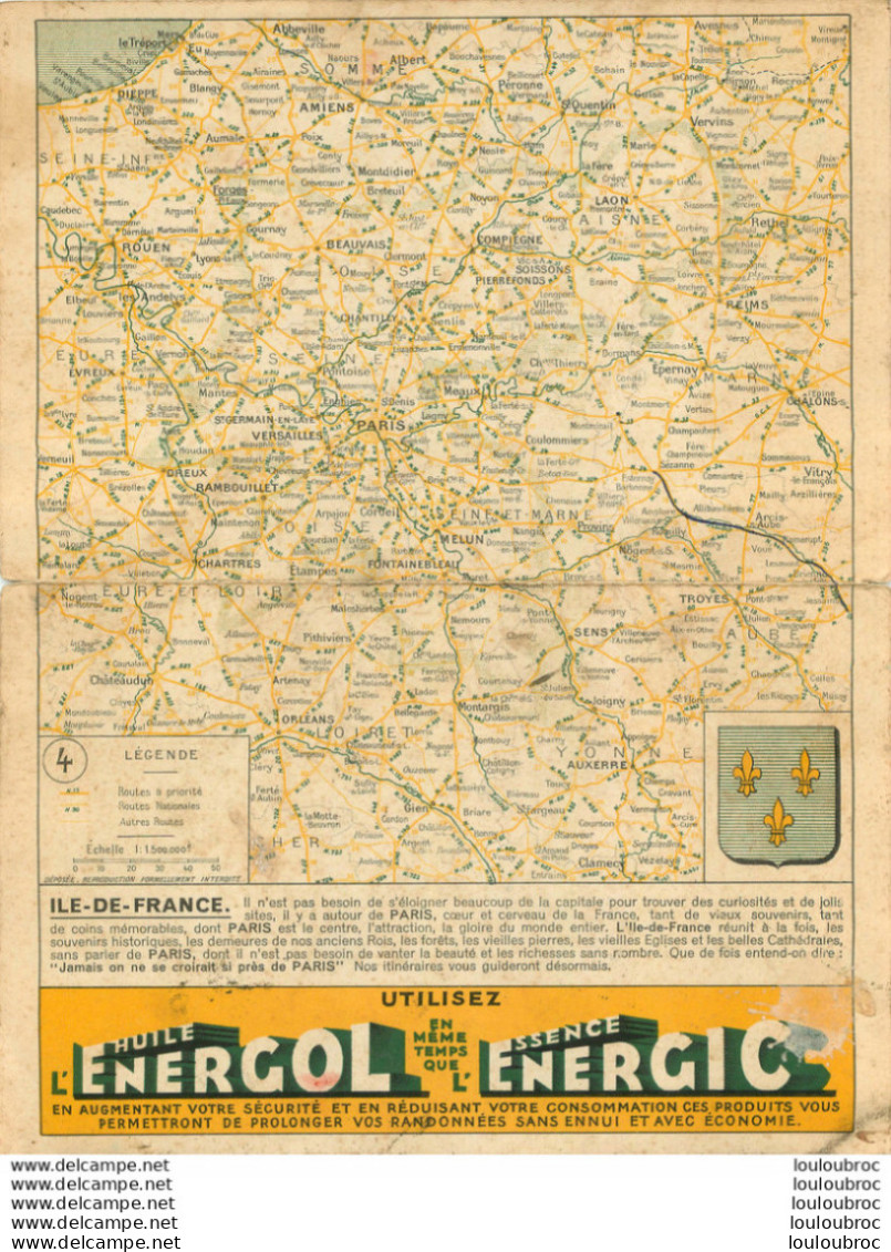 CARTE ROUTIERE CARTONNEE ILE DE FRANCE AVEC PUBLICITE HUILE ENERGOL FORMAT 27 X 20 CM - Strassenkarten