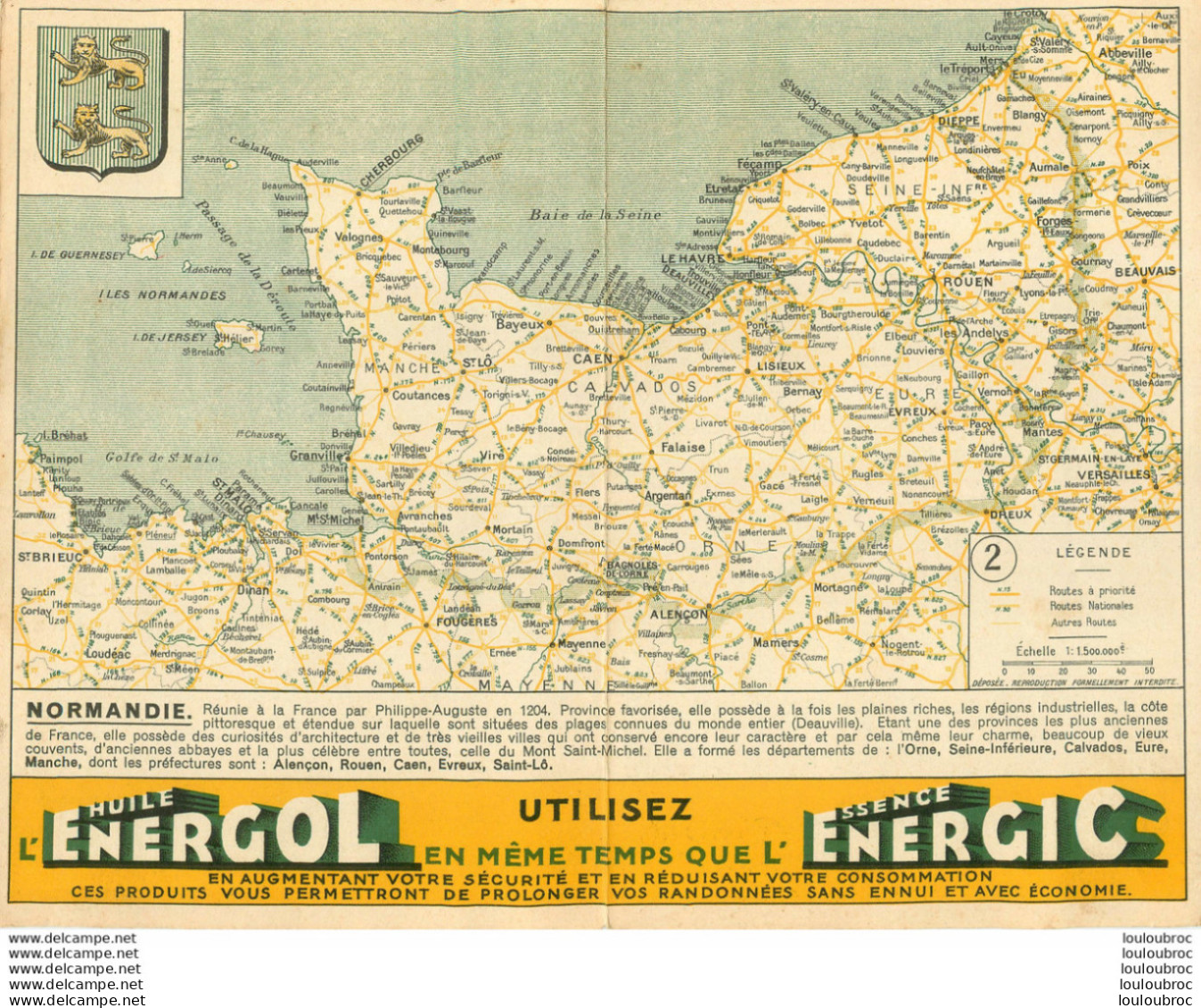 CARTE ROUTIERE CARTONNEE NORMANDIE  AVEC PUBLICITE HUILE ENERGOL FORMAT 27 X 20 CM - Cartes Routières