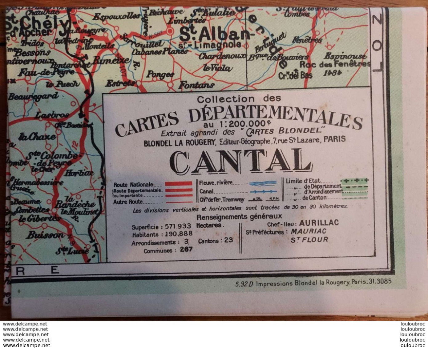 CARTE DEPARTEMENTALE 200 000e BLONDEL LA ROUGERY N°15 CANTAL - Strassenkarten