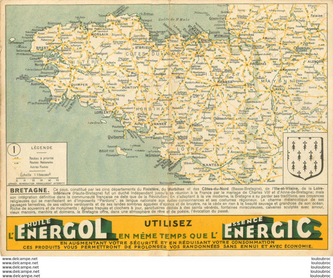 CARTE ROUTIERE CARTONNEE BRETAGNE  AVEC PUBLICITE HUILE ENERGOL FORMAT 27 X 20 CM - Wegenkaarten