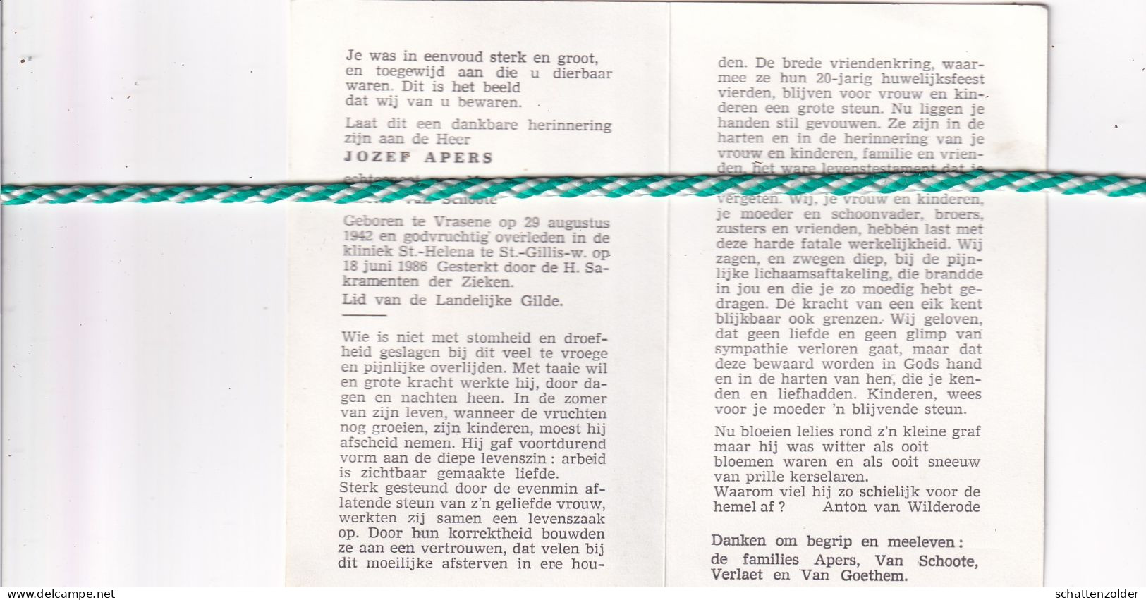 Jozef Apers-Van Schoote, Vrasene 1942, Sint-Gillis-Waas 1986 - Obituary Notices
