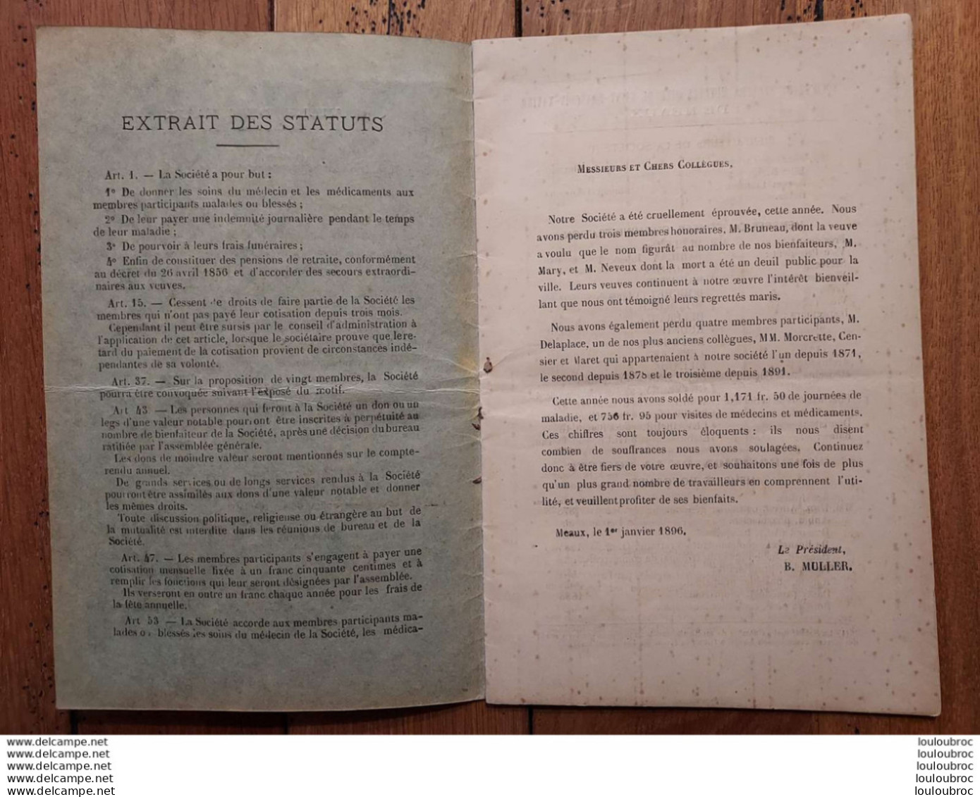 VILLE DE MEAUX  SOCIETE DE SECOURS MUTUELS BILAN FINANCIER ET ETAT DU PERSONNEL  ANNE 1895   REF 1 - Historische Documenten