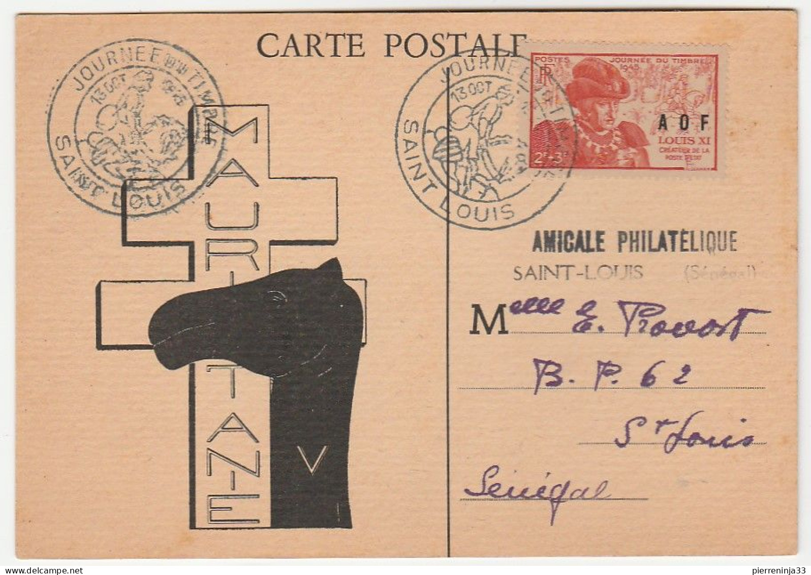 Carte Journée Du Timbre, A.O.F. Saint Louis / Sénégal, 1945 - Cartas & Documentos