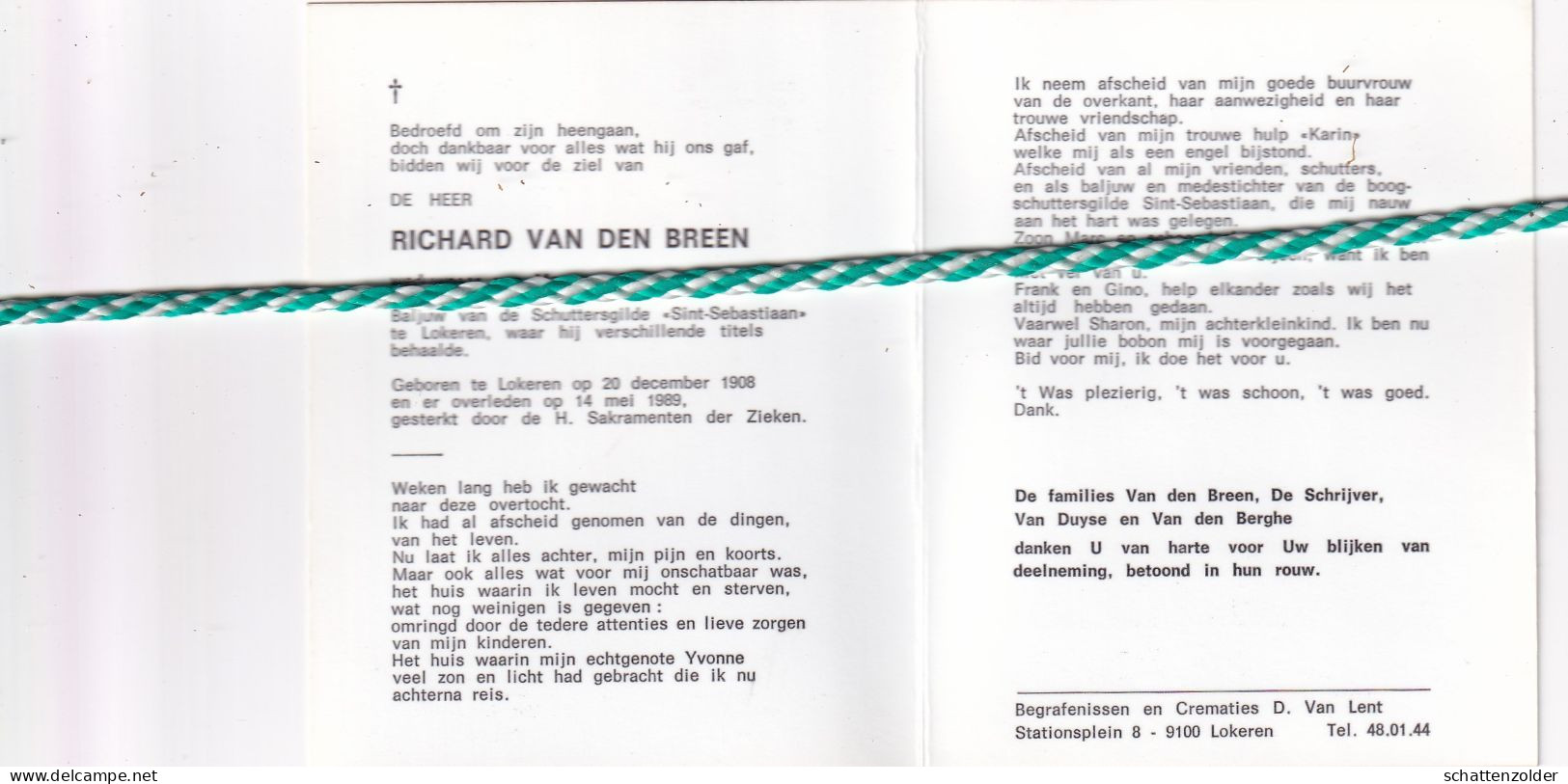 Richard Van Den Breen-De Schrijver, Lokeren 1908, 1989. Foto Baljuw Schuttersgilde "Sint-Sebastiaan" - Overlijden