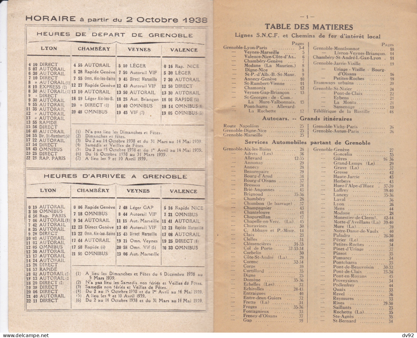 ISERE GRENOBLE HORAIRE HIVER 1938/1939 AUTOCARS L. BERNARD ET CIE GRAND CAFE SOTIZON - Reclame