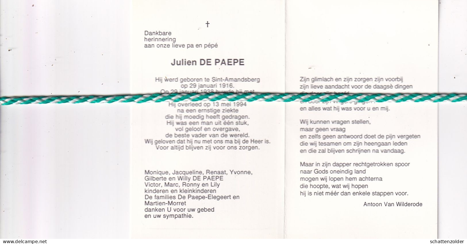 Julien De Paepe-Martien, Sint-Amandsberg 1916, 1994. Foto - Avvisi Di Necrologio