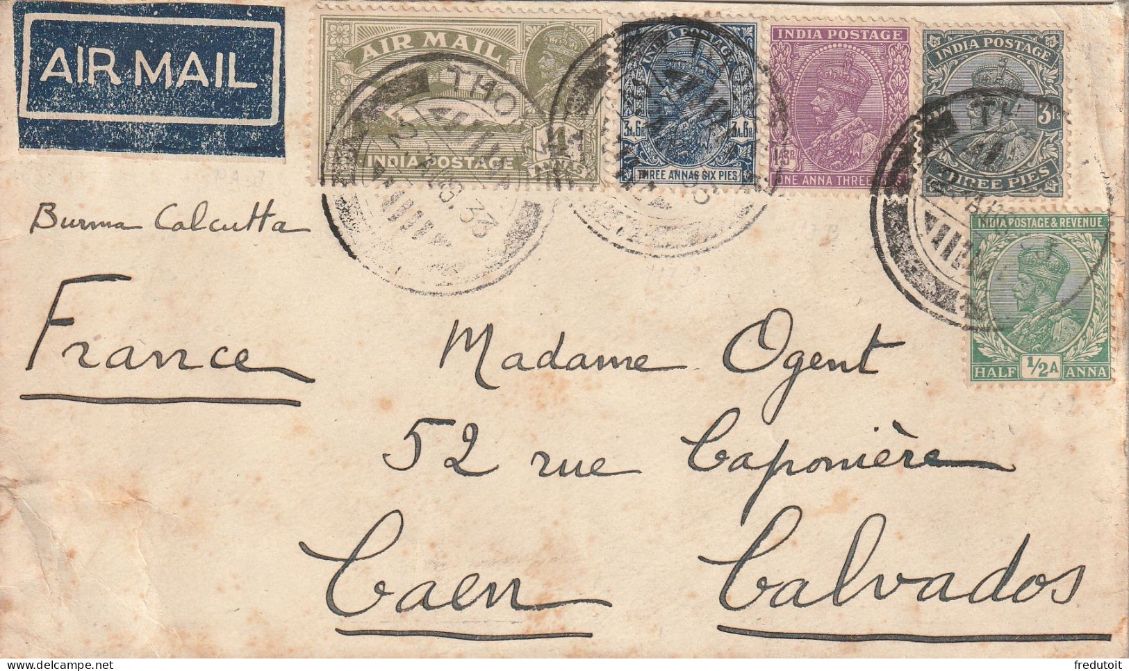 INDE - LETTRE - Thonze Le 23/08/1933 Pour Caen - 1911-35 Koning George V