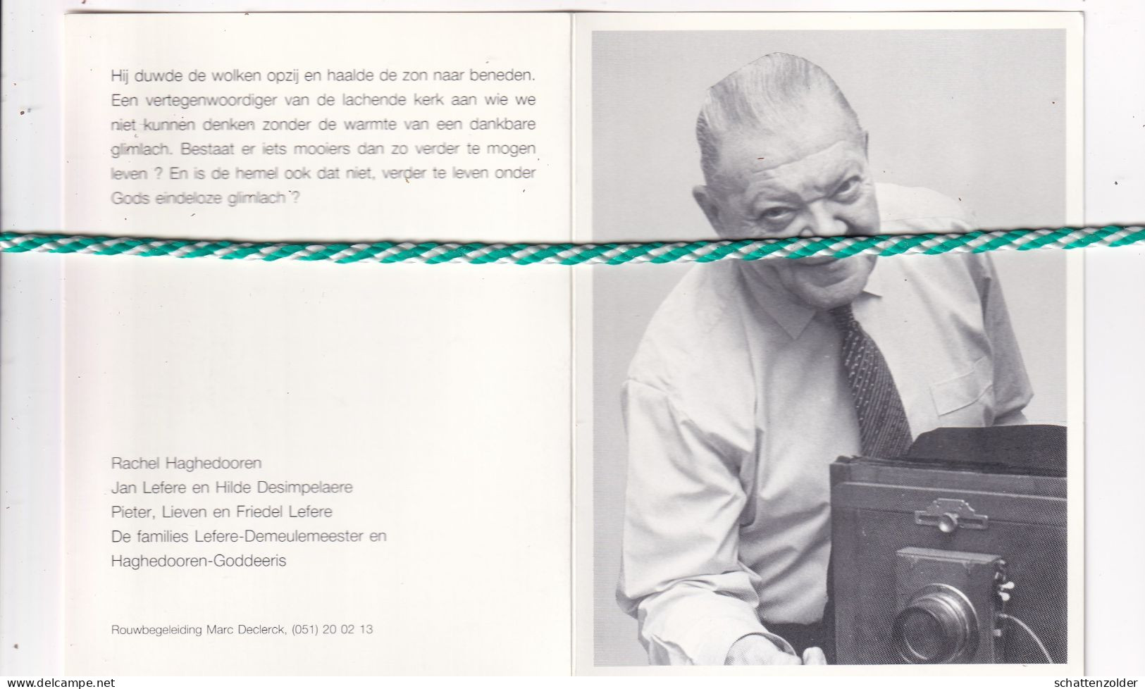 Etienne Lefere-Haghedooren, Roeselare 1912, 1990. Fotograaf O.r. Foto - Obituary Notices