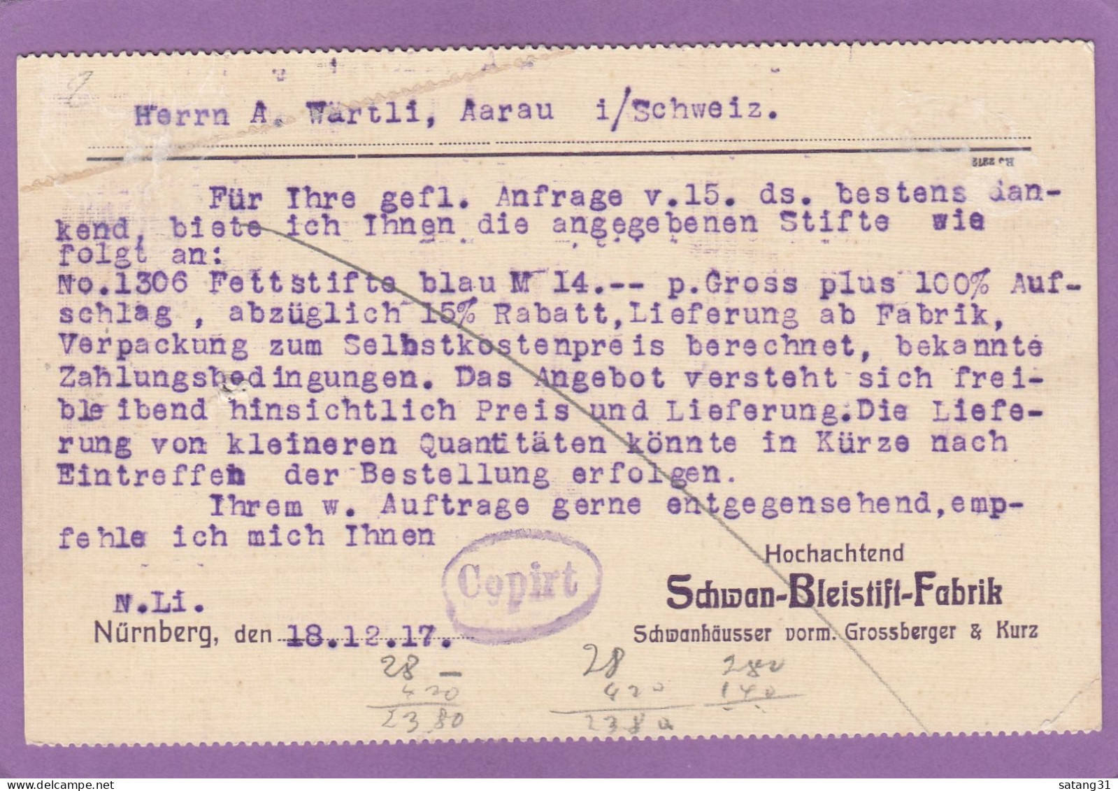 SCHWAN BLEISTIFT FABRIK,NÜRNBERG.POSTKARTE NACH AARAU,SCHWEIZ,1917.ZENSURSTEMPEL AUS NÜRNBERG. - Cartas & Documentos