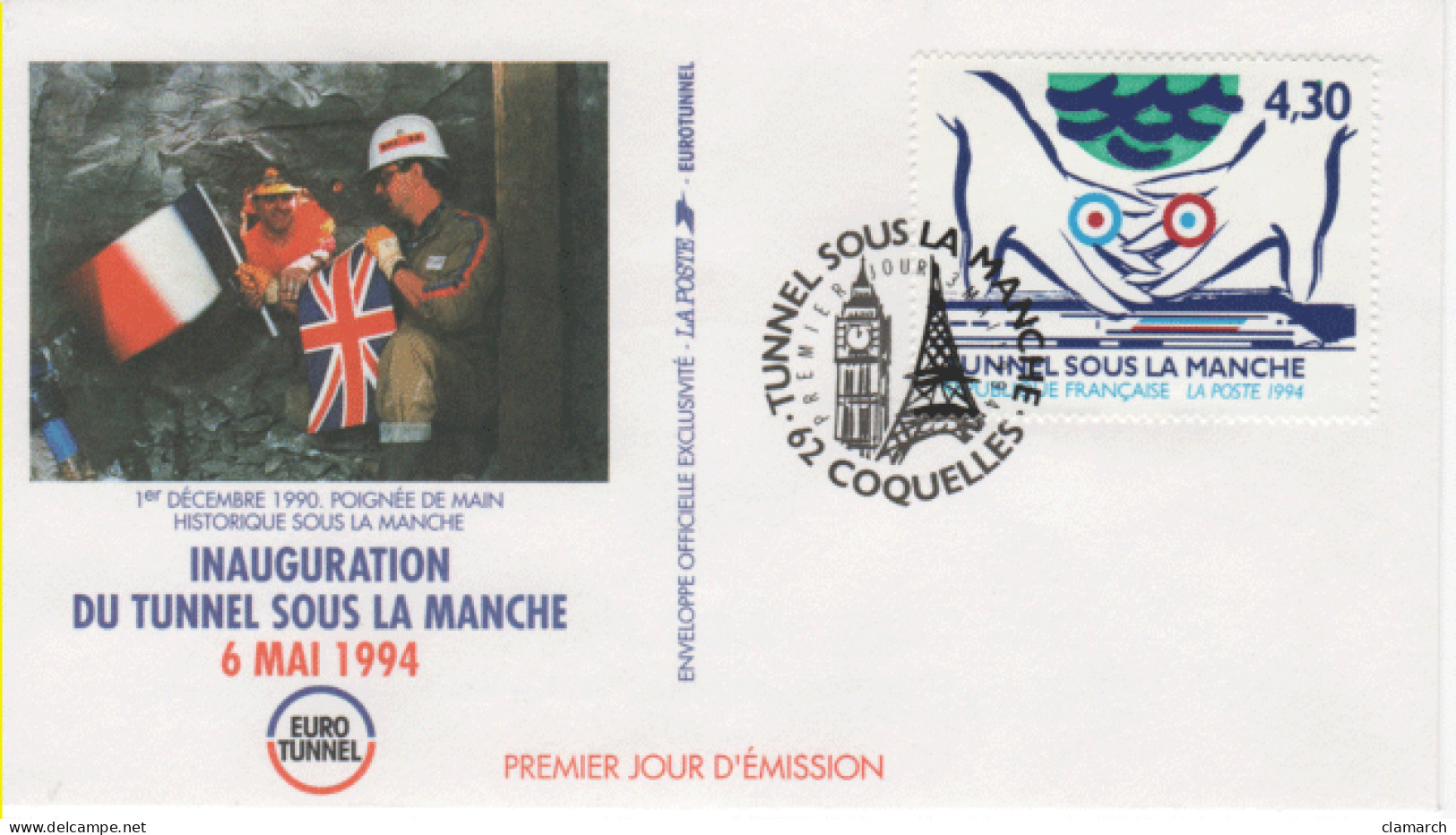 FRANCE-Premier Jour D'émission-Série De 4 Enveloppes Inauguration Du Tunnel Sous La Manche-cachet De Coquelles Du 3.5.9 - Documentos Del Correo