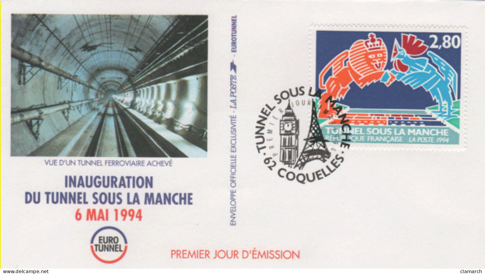 FRANCE-Premier Jour D'émission-Série De 4 Enveloppes Inauguration Du Tunnel Sous La Manche-cachet De Coquelles Du 3.5.9 - Documents De La Poste